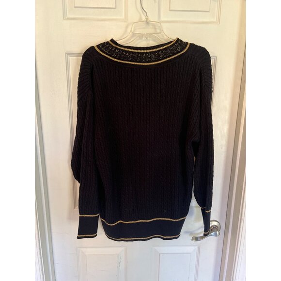 Vintage 90's Preston & York Black And Gold Long Sleeve Knit V-Neck Sweater Med - Picture 6 of 9